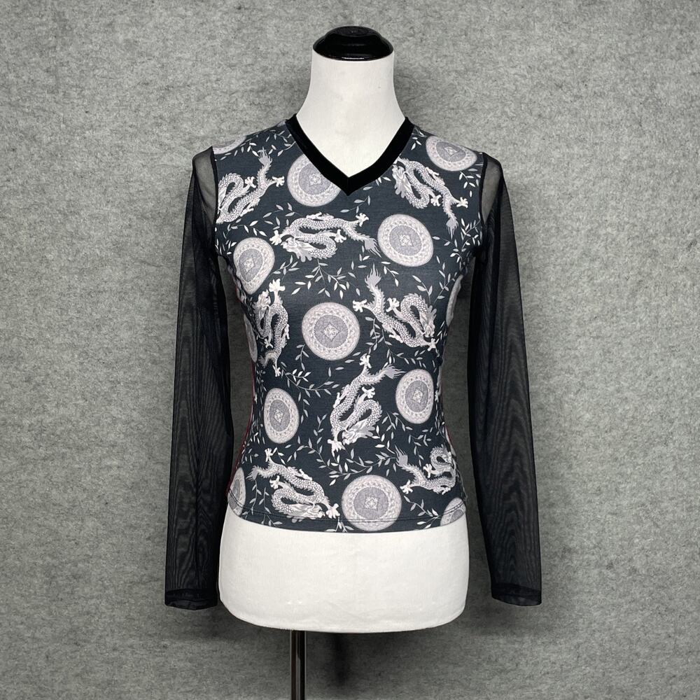 Black Market Dragon Print Mesh Slv Velour Top XS Y2K Gothic Asian-Inspired Punk‎